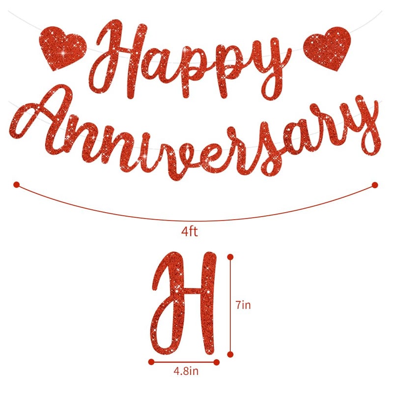 BEISHIDA Red Happy Anniversary Banner, Pre-Strung - Red Glitter Happy Anniversary Banner,NO DIY - Red Glitter Happy Anniversary Garland, Red Happy Anniversary Sign for Anniversary Wedding Party - Image 2